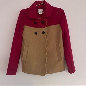 The Cue by Cher Qu Pink and Tan Color Blocked Wool & Cashmere Scalloped Coat XS